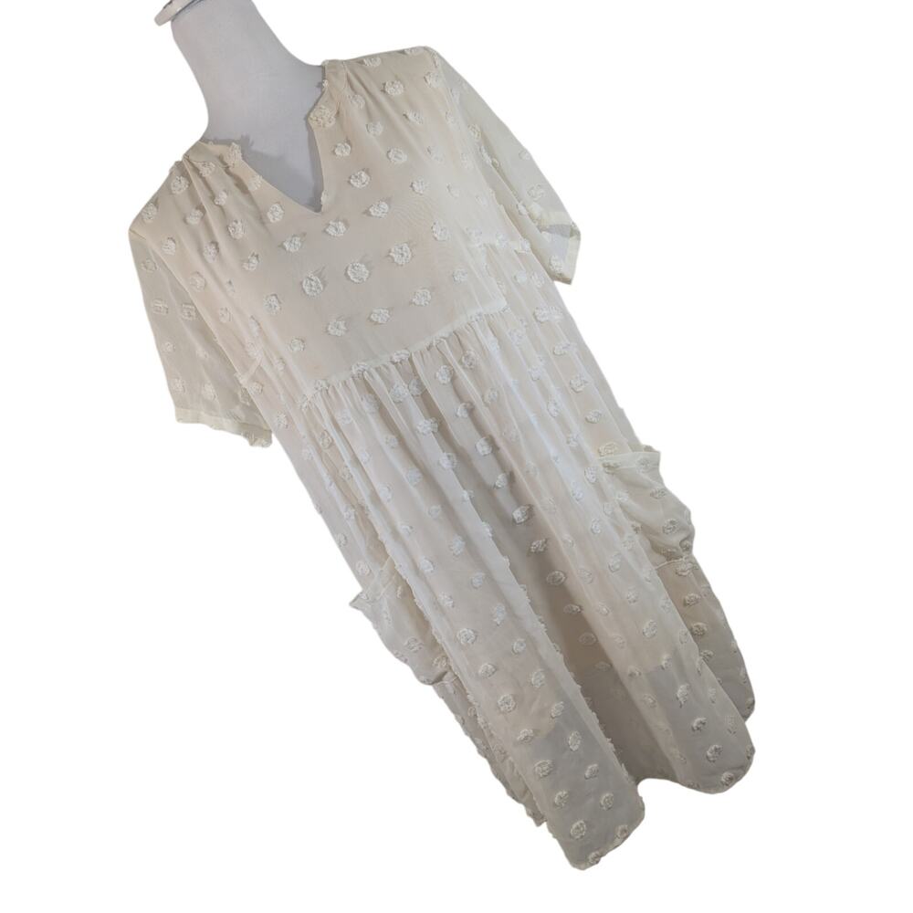 MIHOLL! GORGEOUS CHAMPAGNE TAN/CREAM- FLOCKED POLKA DOT CHIFFON DRESS! XL